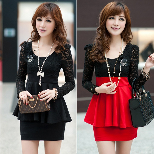 FREE Shipping 2013 New Lace  Long Sleeves Ruffle Patchwork Sexy Lady Black Red Woman Mini Dress