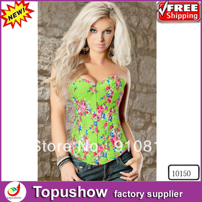 Free shipping ! 2013 New lace up black Boned printing corset with G-string sexy lingerie overbust design S-XXL 10150