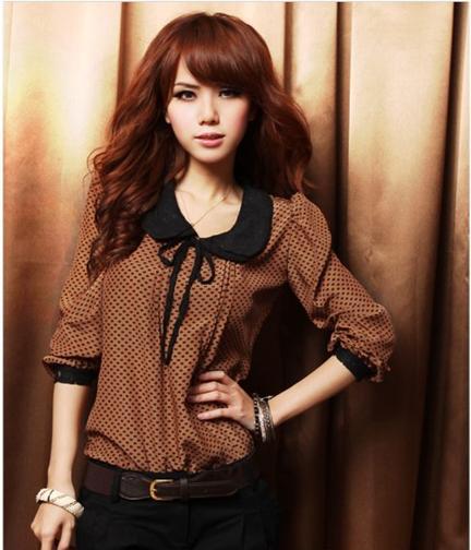 Free shipping 2013 New Ladies' Cute Chiffon Material Peter Pan Collar Shirts With Lantern Sleeve Polka Dot 2 colors NQ6839