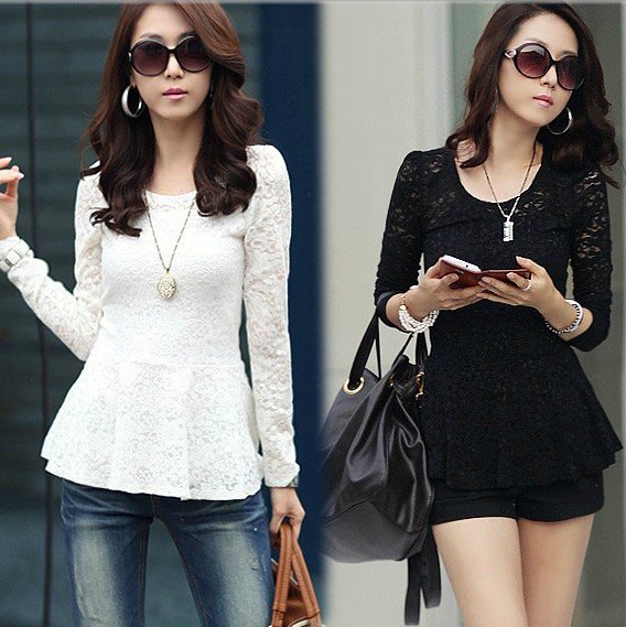 Free Shipping 2013 New Ladies Spring Autumn blouse long-sleeve lace peplum blouses top basic shirt W2479 Black, White Size M L