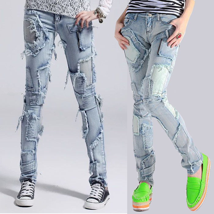 Free shipping 2013 new magazine frayed hole cotton stitching to beggars trousers women with bound feet jeans, graffiti jeansG288