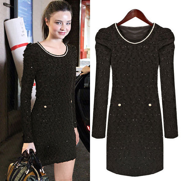 Free Shipping! 2013 new paillette luxury dress fashion puff sleeve dots sequin retro preppy casual dresses women work wear