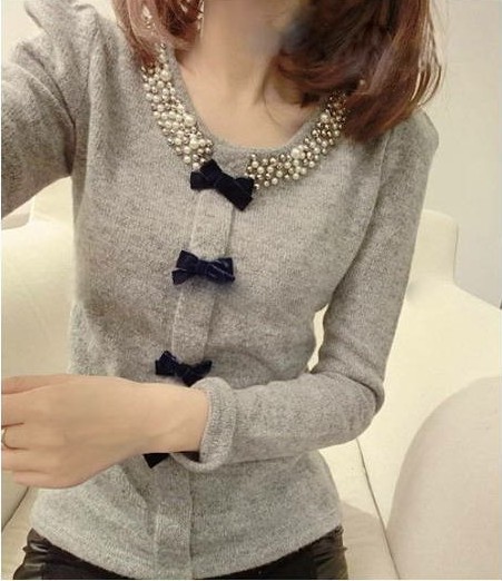 Free shipping  2013 new Ruili Korean version of women beads bow bubble sleeve sweater knitted pullover jacket