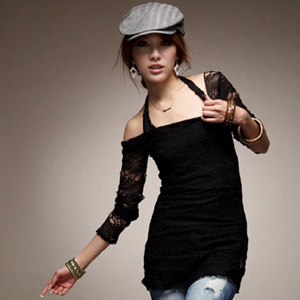 Free shipping 2013 NEW Sexy Hollow Lace Black Vest Two-Piece Fashion Blouse/Women's Black T-shirt Top