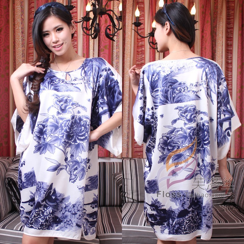 free shipping 2013 new Silk sleepwear drip loose batwing sleeve nightgown chinese style peony print celadon flower