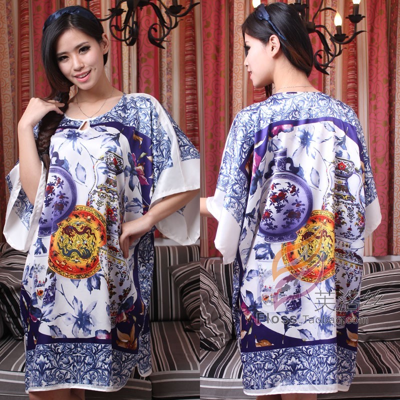 free shipping 2013 new Silk sleepwear drip loose batwing sleeve nightgown chinese style traditional pattern celadon