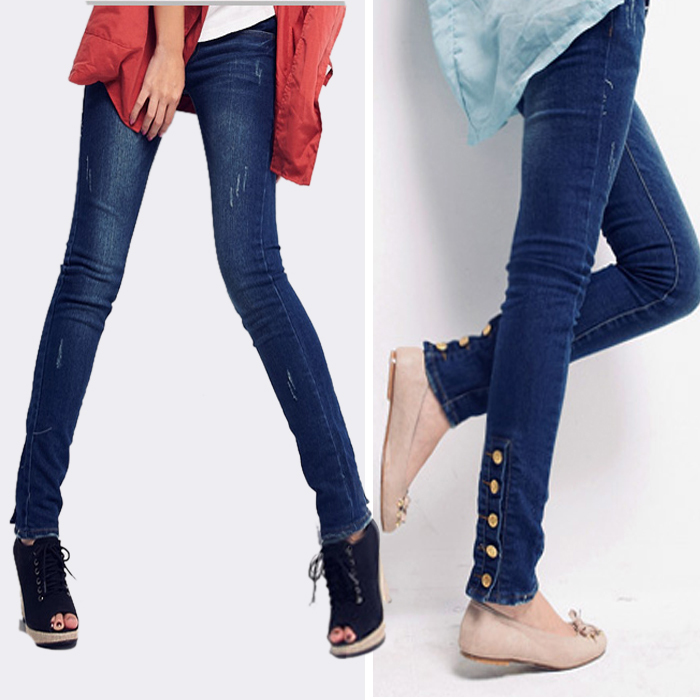 Free shipping 2013 new slim denim jeans women pencil with buttons, low waist tight&skinny pants jeans female, tinny leg