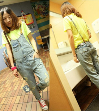 Free shipping 2013 new spring  Korean washing holes in jeans conjoined pants overalls trousers  overalls jeans NZ264