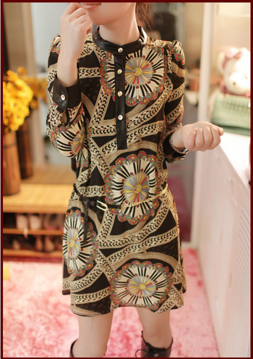 Free Shipping 2013 new spring Krea Style patchwork leather printing loose long-sleeved chiffon dress for women