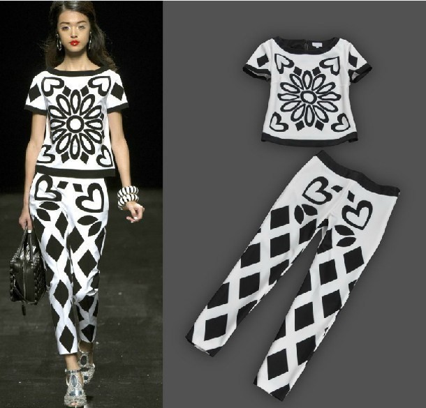 Free shipping/2013 new  spring T stage show black and white printing trousers pants suit