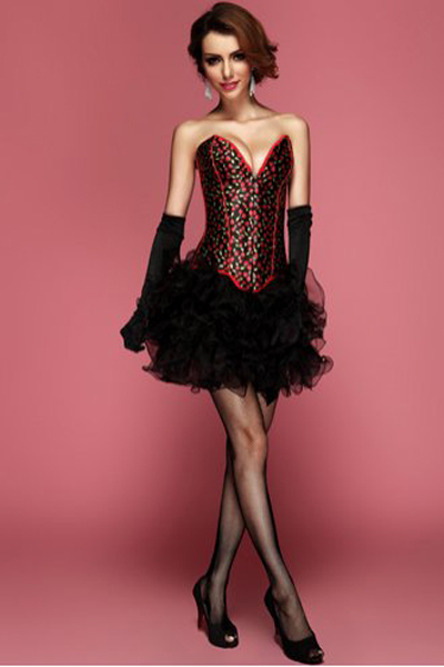 Free shipping 2013 new style Black and Red Strapless Cherry Print Corset