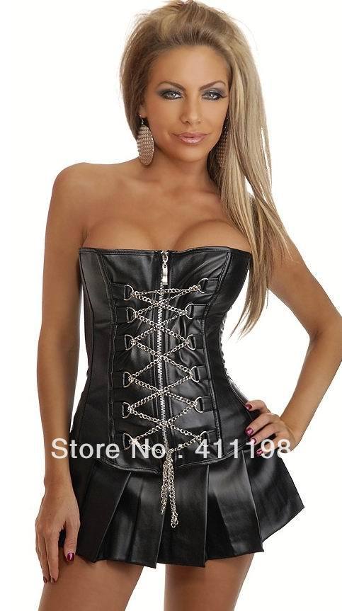 Free shipping 2013 new style PU LEATHER zip front blacke women corsets L0125 wholesale S, M, L,  XXL PLUS SIZE lady bustiers