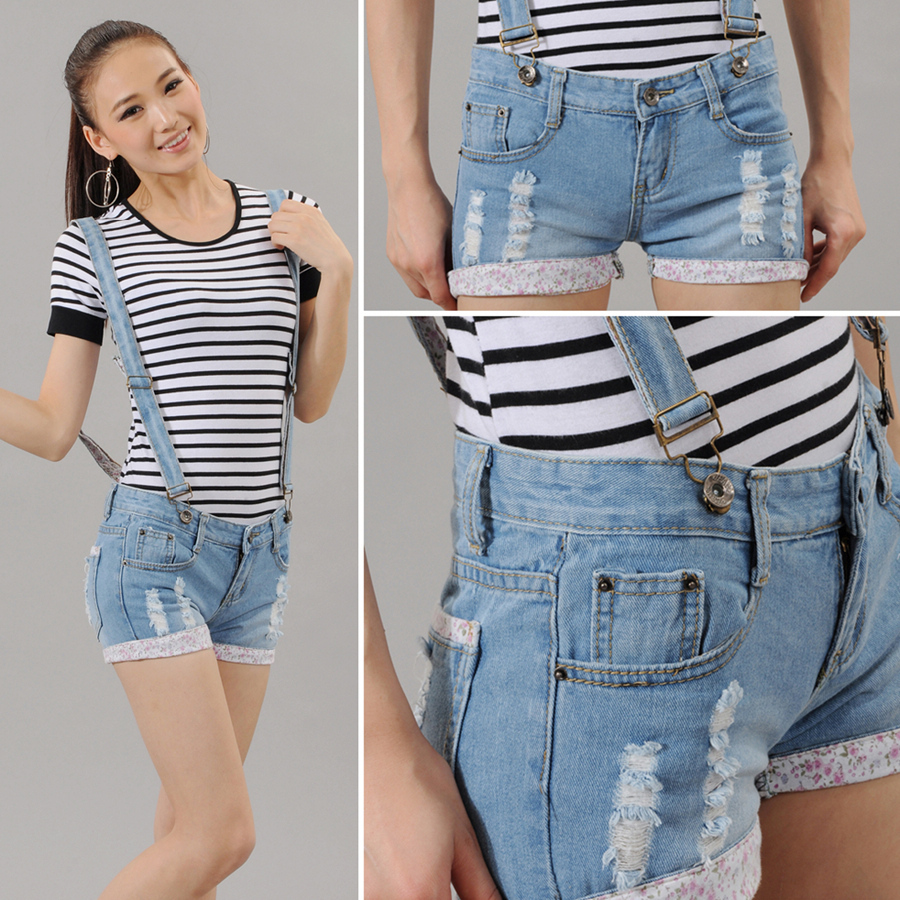 Free shipping 2013 new style roll up hem distrressed denim shorts bib pants female the disassemblability blue ZT-13032