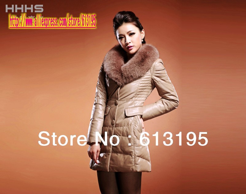 Free Shipping 2013 New Stylish/ Genuine Sheepskin Leather Coats With Utralarge Fox Fur Collar For Ladies / /ydx156