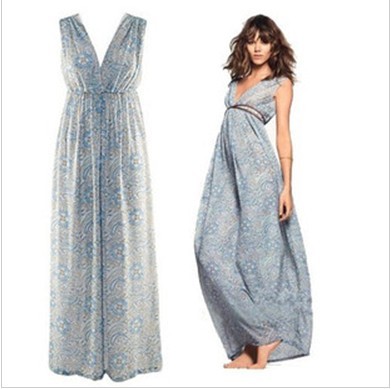 Free Shipping 2013 new summer fashion deep V-neck blue and white  porcelain pattern print  dresses  full bohemian Dresses