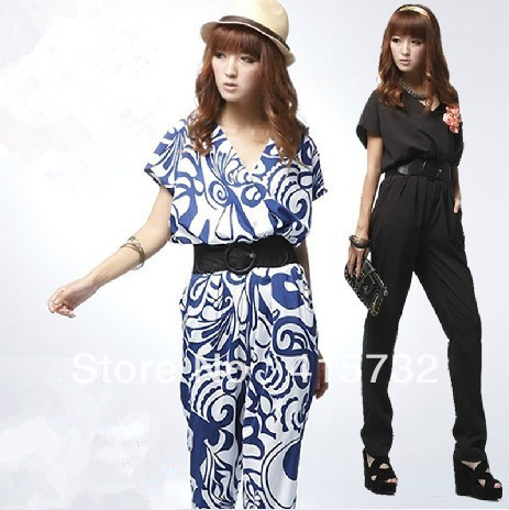 Free Shipping 2013 New Summer Fashion Plus Size Jumpsuit For Women Chiffon Loose Short Sleeve Casual Trousers Ladies Long Pants