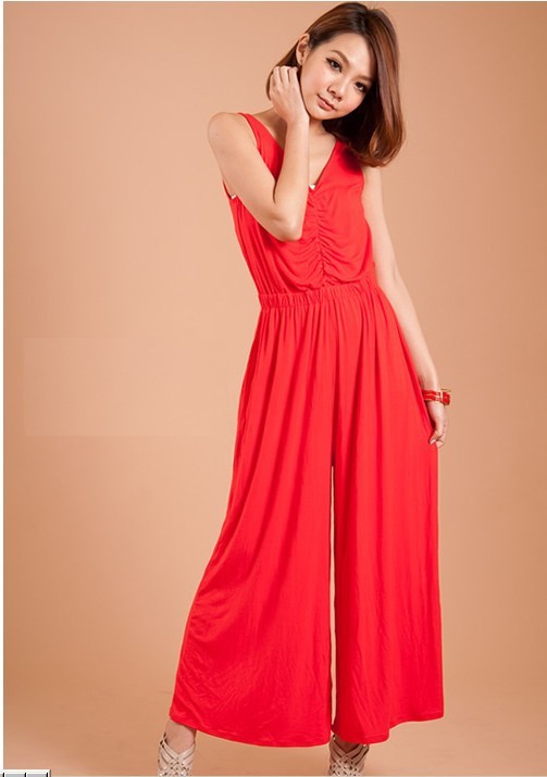 Free shipping 2013 New Summer Women Wide Leg Pants Sexy Deep V-neck Shirring Cotton Jumpsuit R9254