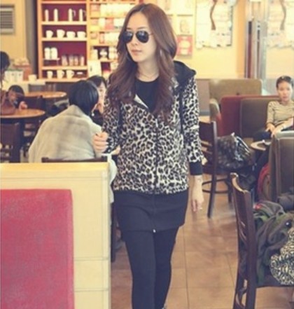 Free shipping 2013 new tide female fashion leopard hooded zipper fleece jacket