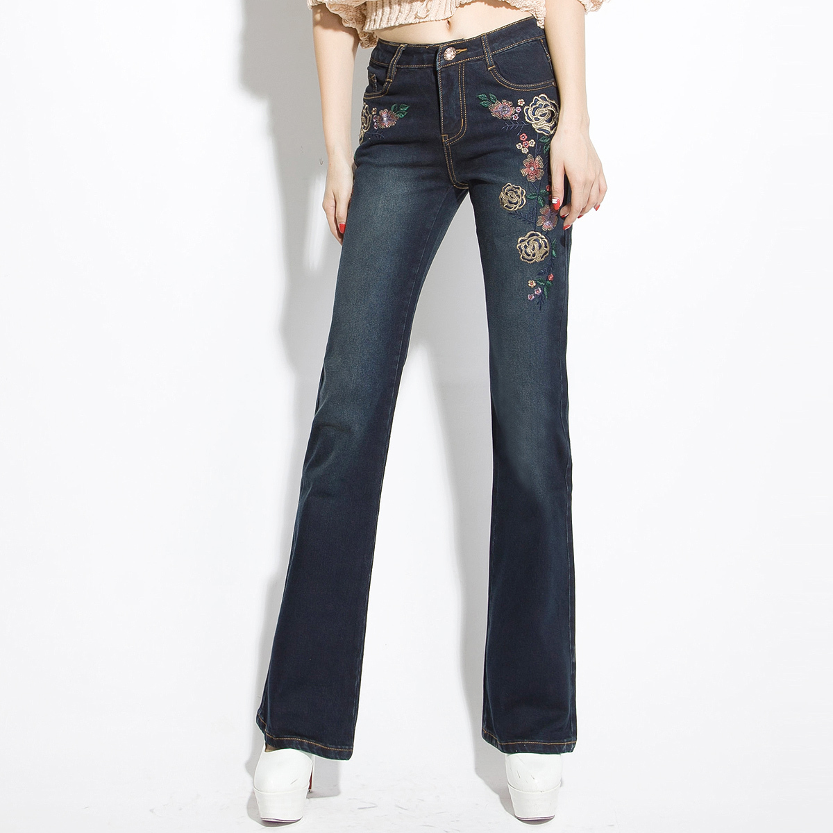 Free shipping 2013 new women clothing embroidered denim  pants mid waist jeans for women elastic jeans female trousers