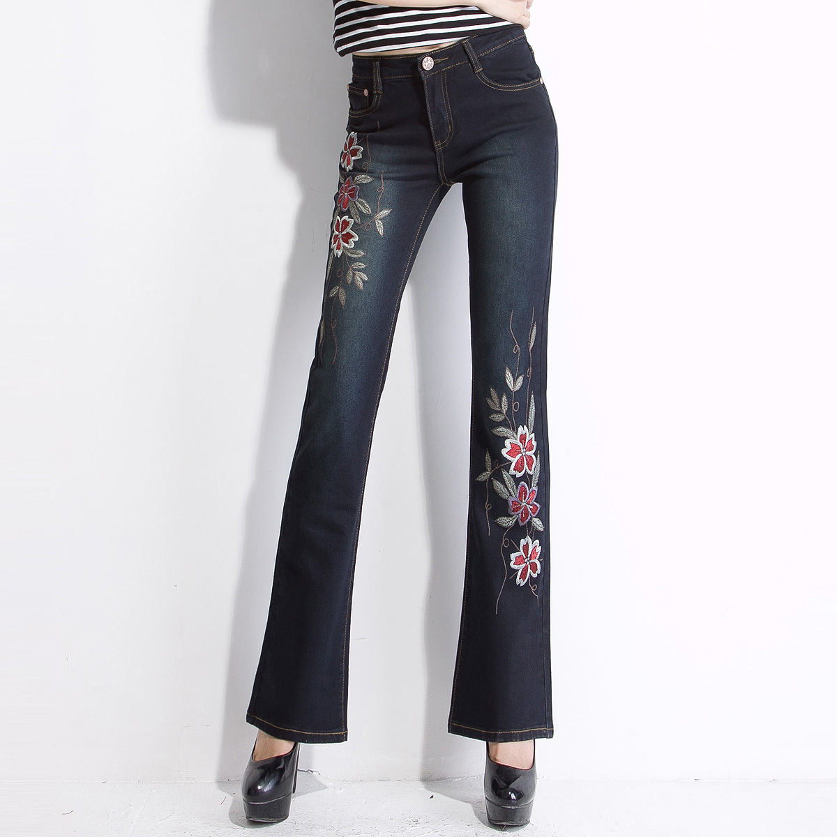 Free shipping 2013 new women clothing Flower embroidery bell bottom jeans for women slim elastic jeans female trousers pants