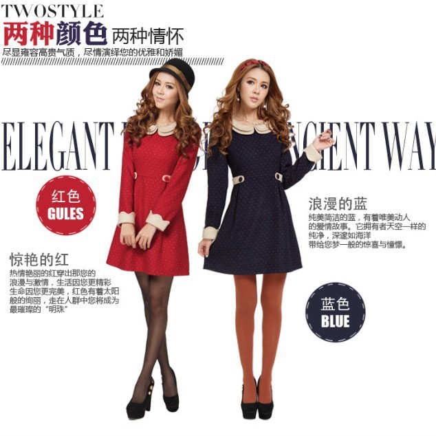 Free Shipping 2013 New Women's Fashion Long-Sleeve Mini Dress Korea Slim Fit Cute Casual Mini Dress for Women , Red Blue