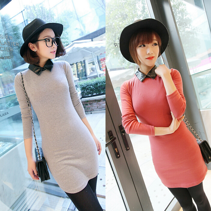 Free shipping +2013 newest hot selling + Jackgrace leather turn-down collar back zipper slim one-piece dress dx1919