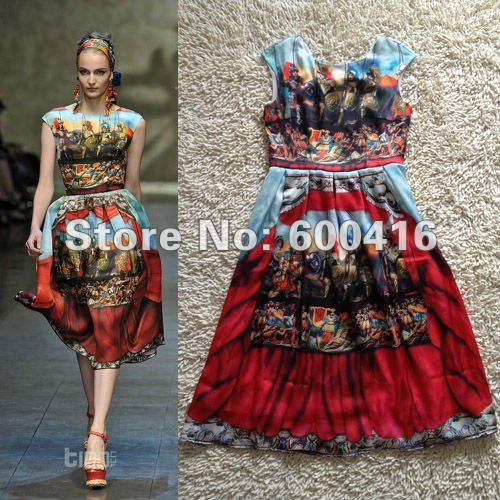 Free Shipping 2013 Newest Runway Vintage Digital Printing  Sleeveless Silk Dress 121023Z01