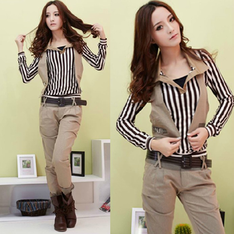 Free Shipping 2013 Nwe Arrival Korean Women Slim  long-sleeve three-piece vest+Shirts+Pants Sets, casual Ladies OL suit+Belt