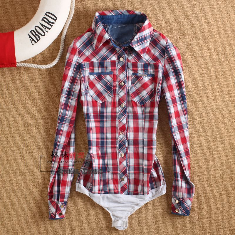 Free shipping! 2013 Perfect plaid women's long-sleeve blouse tops lapel cotton blends body shirts for women