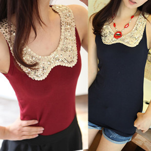 Free shipping   2013 peter pan collar paillette vest slim spaghetti strap summer trend all-match basic shirt