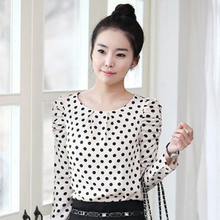 Free shipping 2013 peter pan collar polka dot shirt female long-sleeve chiffon fashion all-match chiffon shirt