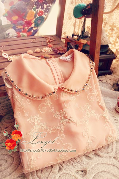 Free shipping 2013 peter pan peter pan collar rhinestone gem lace chiffon sweet princess lace long-sleeve shirt