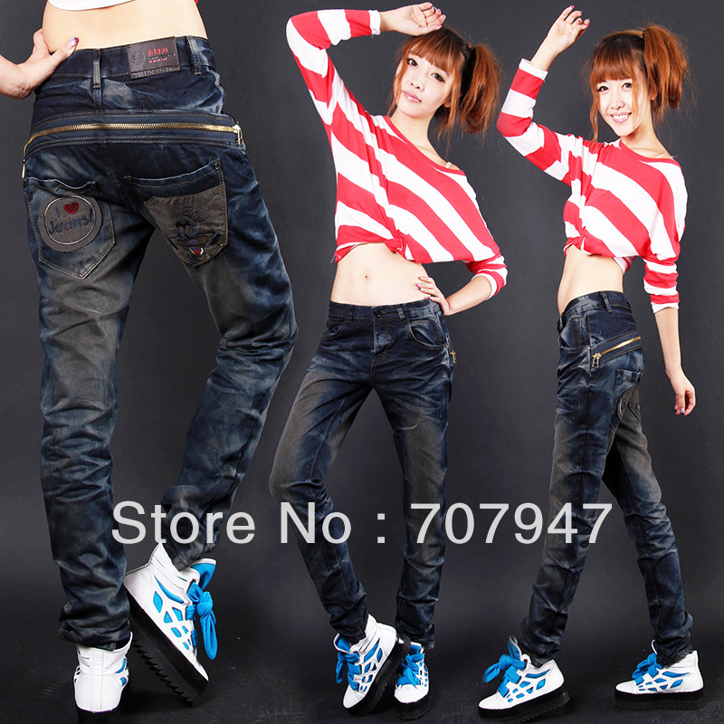 Free shipping 2013 Plus size baggy jeans woman striped trousers denim personality harem jeans with zipper ornament Wholesale