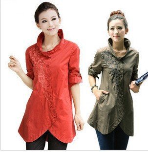 Free Shipping 2013 Plus size Loose Casual medium-long embroidered long-sleeve Women shirt,Ladies Fashion blouses