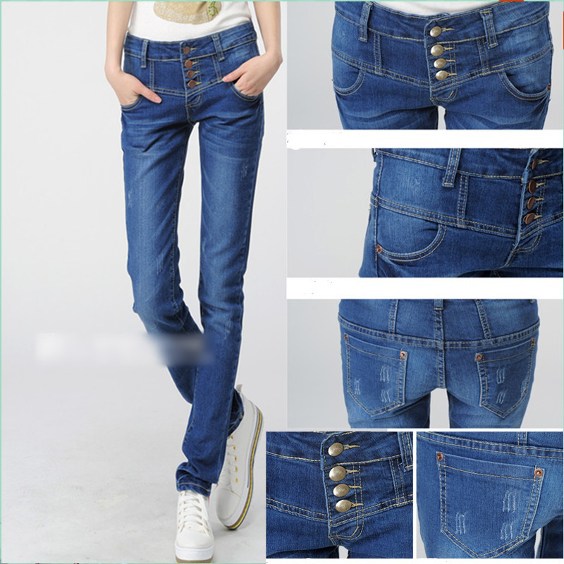 Free shipping 2013 Plus size thin high waist jeans women skinny pants denim buttons trousers women's trousers