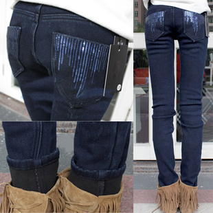 free shipping 2013 plus velvet thickening fashion thermal jeans female slim pencil pants