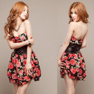 Free Shipping 2013 print chiffon leather cummerbund tube top dress tube top dress 8249