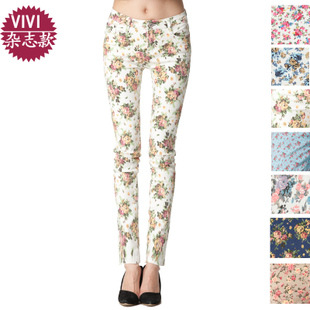 Free shipping 2013 Printing jeans women colored drawing flower jeans trousers skinny jeans pencil pants boot cut Size:26~31