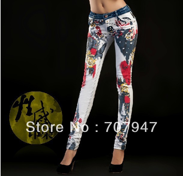 Free shipping 2013 Printing jeans women colored drawing flower jeans trousers skinny jeans pencil pants boot cut white jeans