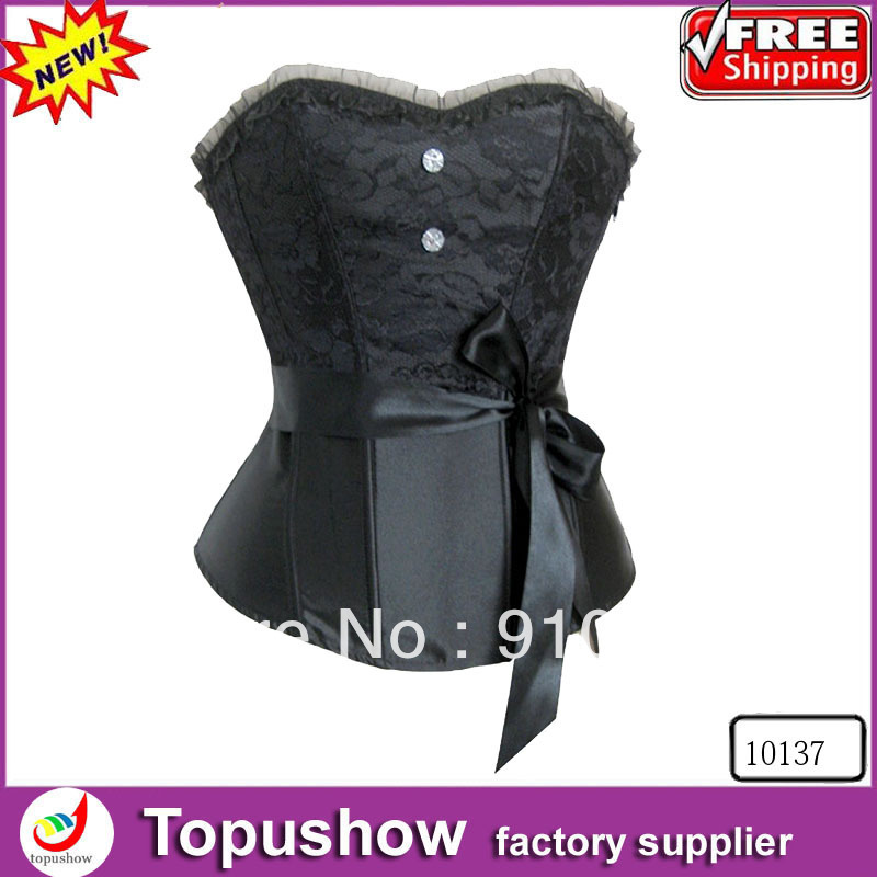 Free shipping ! 2013 Promotion satin lace balck sexy corsets bustier back lace up overbust lingerie with G-string S-XXL 10137