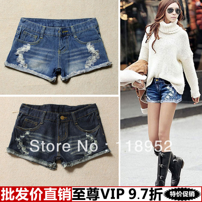 free shipping  2013 sexy hole roll up hem denim hot short jean women's Promotion Lady Denim Shorts