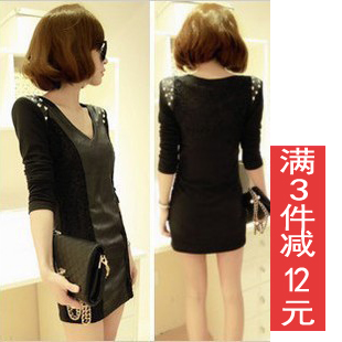 Free Shipping 2013 sexy slim hip slim leather skirt basic skirt long-sleeve winter one-piece dress