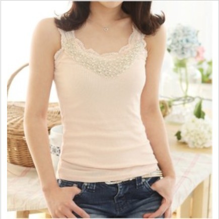 Free Shipping 2013 Slim Lace Decoration Bead Decoration Vest Women Basic Tank Top-T036