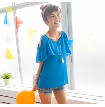 free shipping 2013 slit neckline strapless chiffon short-sleeve shirt o-neck short-sleeve T-shirt ruffle chiffon shirt