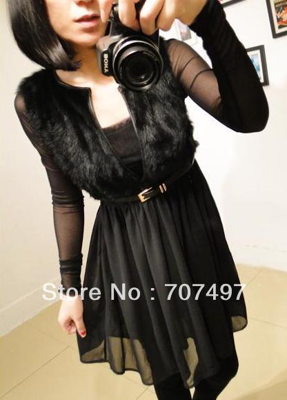 Free shipping/     2013 spell leather two-piece rabbit fur splicing knit chiffon dress # 1632