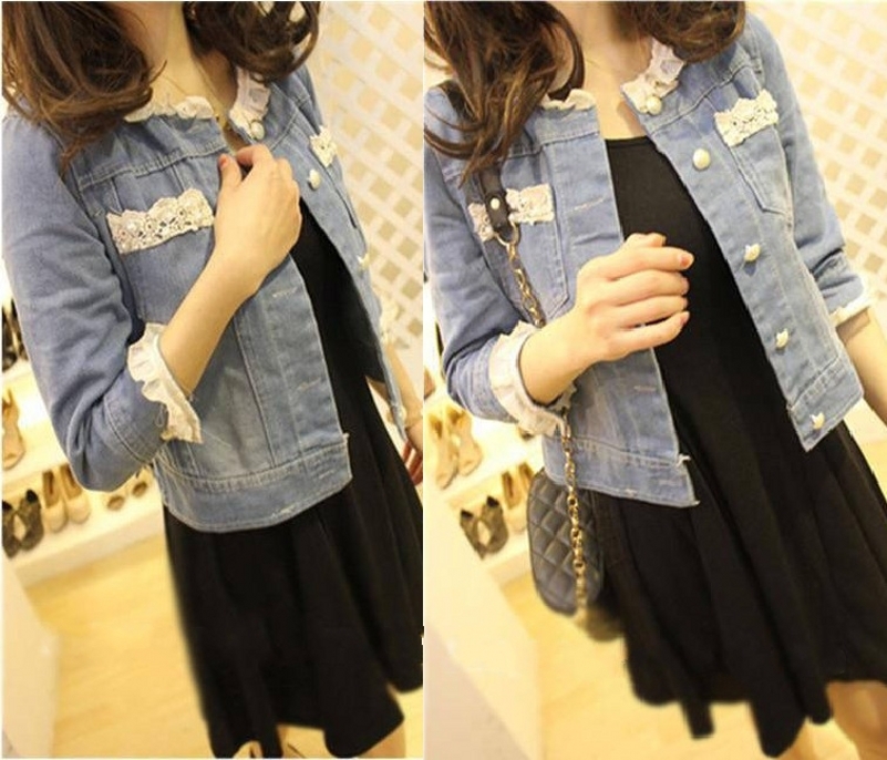 Free Shipping 2013 Spring 3824     empty thread beading lace three quarter sleeve short design denim outerwear