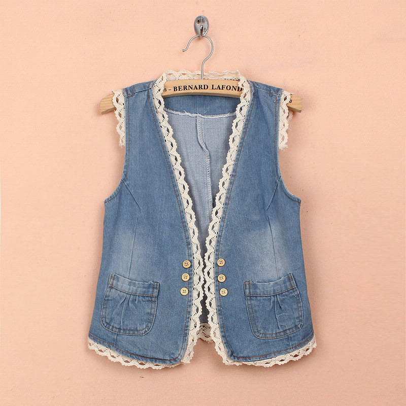 Free shipping 2013 spring and autumn laciness wide shoulder vest female fashion vest female spring and summer denim vest dx075