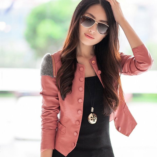 Free Shipping! 2013 Spring and Autumn New Fashion Women O-Neck Knitted Sleeve Button Slim Short PU Jackets Outerwear P6877U