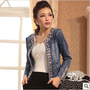 free shipping 2013 Spring and Autumn paragraph Stretch denim jacket Rhinestone sequins Retro jacket  Short jacket Denim clothes