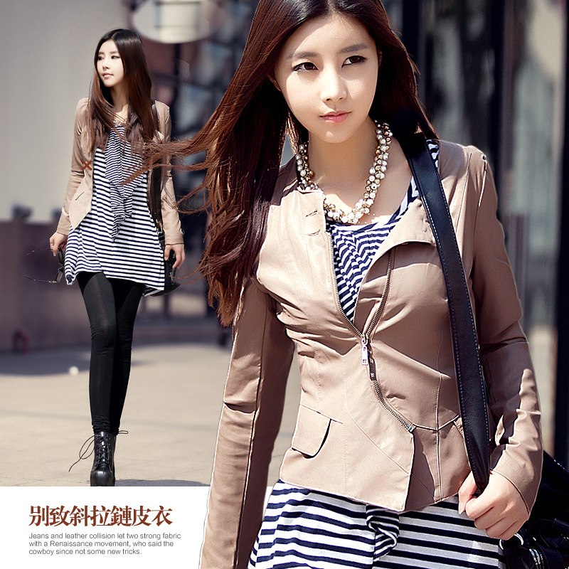 Free Shipping! 2013 Spring and Autumn Women Novelty Button Zipper O-neck Motorcycle Short Slim PU Leather Jacket B06839#